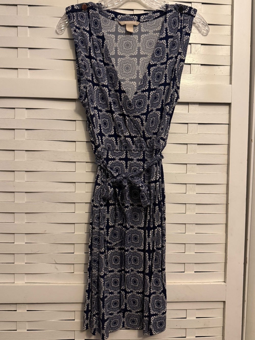 Banana Republic Sleeveless Navy Floral Geometric Print A-Line Wrap Dress